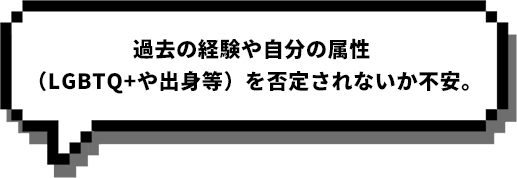 過去の経験や自分の属性 （LGBTQ+や出身等）を否定されないか不安。